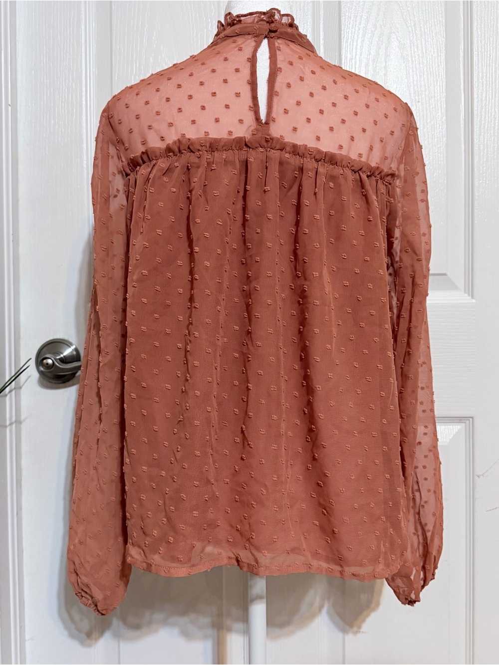 Altar'd State Rust Swiss Dot Ruffled Neck Blouse - Picture 2 of 4